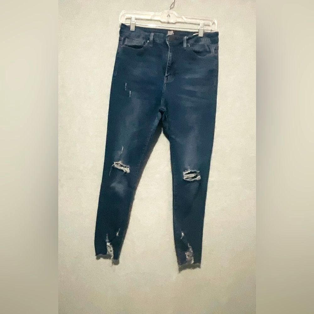 Simple Society High Rise Distressed Skinny Jeans Blue Denim Raw Jagged Hem